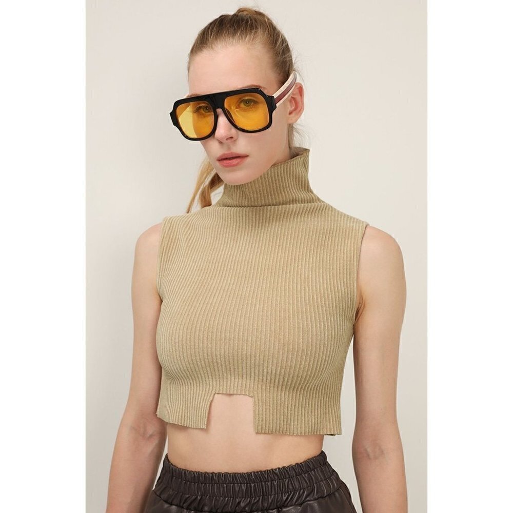 Storets‎ Veronica Beige Ribbed Turtleneck Cropped Tank Top S/M
